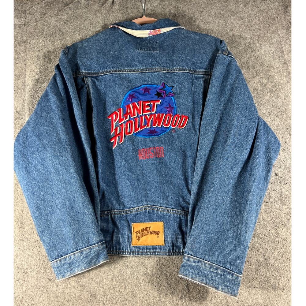 Vintage 90s Planet Hollywood Houston Trucker Jacket Mens M Blue Denim Outdoor - Picture 3 of 7